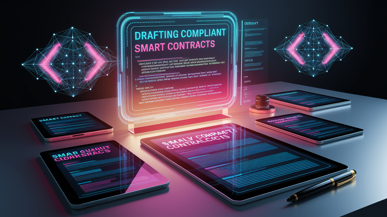 A conceptual illustration representing Drafting Legally Compliant Smart Contracts. Visualize the main ideas: . Creative but clear representation of the concept. Style: photorealistic. high quality, detailed, professional, clean composition, good lighting, sharp focus, well-composed. high quality, professional, detailed, well-composed