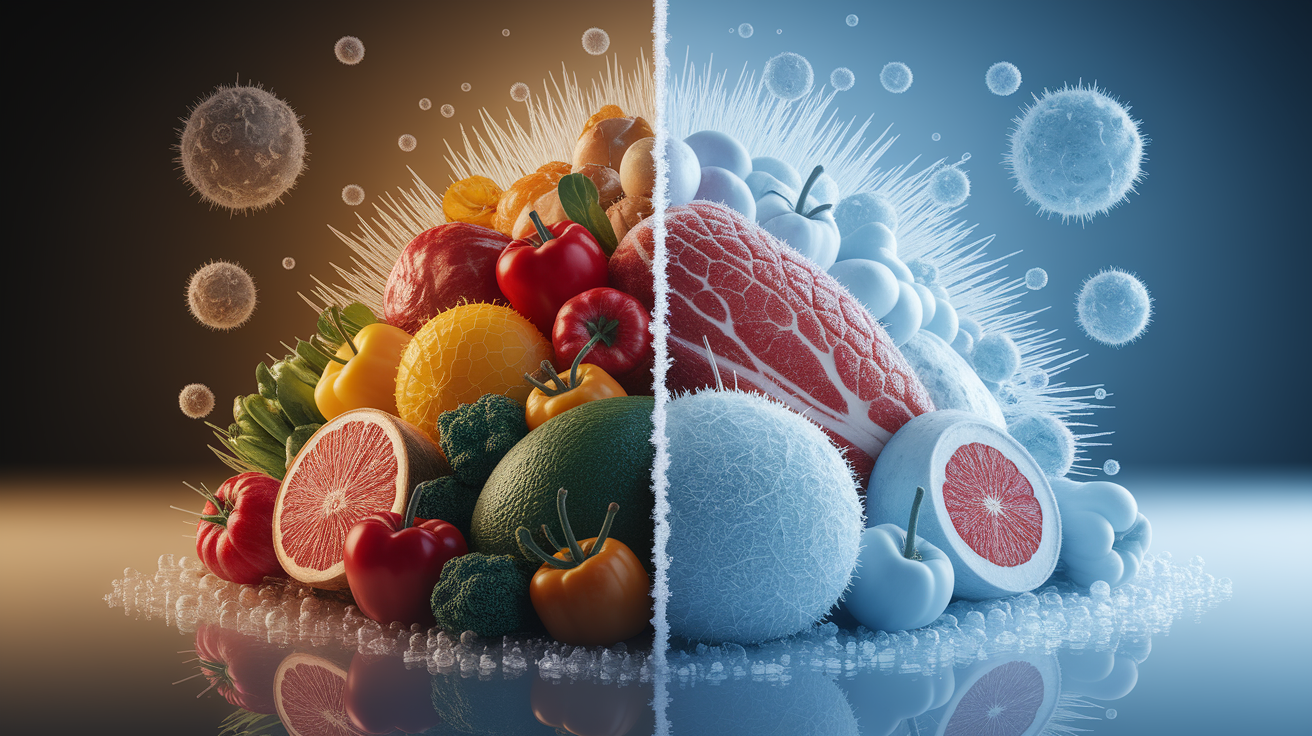 A conceptual illustration representing How Freezing Halts Spoilage. Visualize the main ideas: . Creative but clear representation of the concept. Style: photorealistic. high quality, detailed, professional, clean composition, good lighting, sharp focus, well-composed. high quality, professional, detailed, well-composed