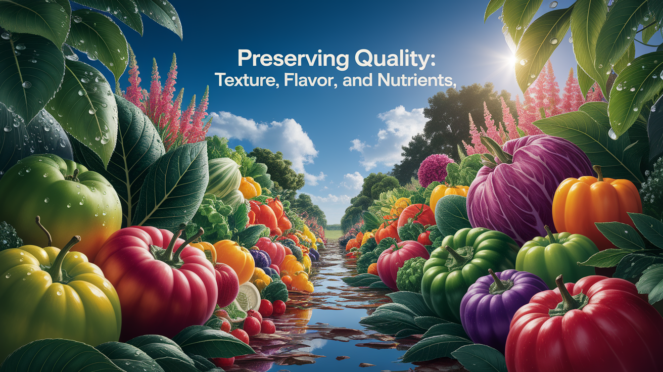 A conceptual illustration representing Preserving Quality: Texture, Flavor, and Nutrients. Visualize the main ideas: . Creative but clear representation of the concept. Style: photorealistic. high quality, detailed, professional, clean composition, good lighting, sharp focus, well-composed. high quality, professional, detailed, well-composed