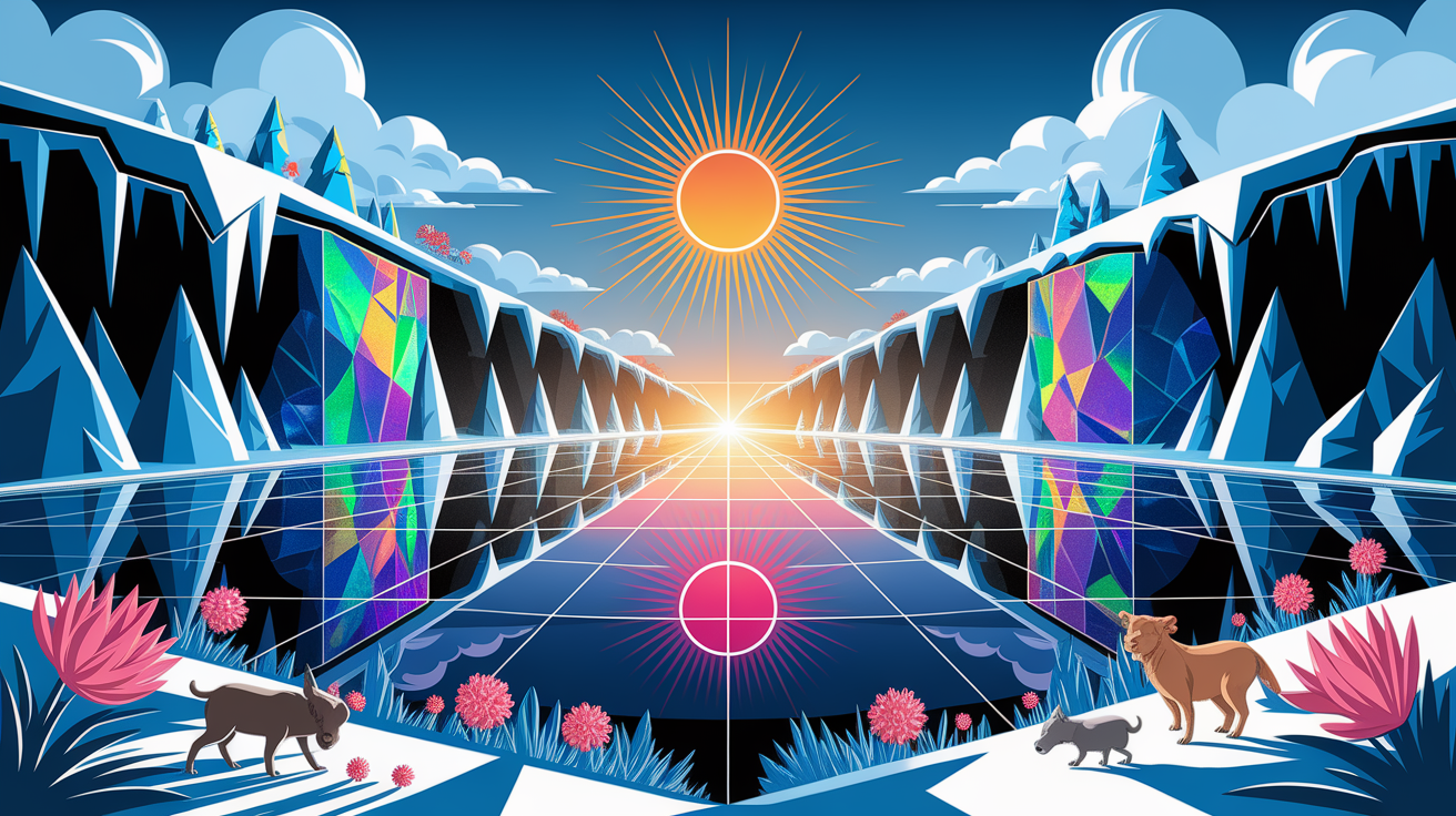 A conceptual illustration representing Sunshine on Ice – A Bright Opening. Visualize the main ideas: . Creative but clear representation of the concept. Style: Visual Theme: Clean, modern aesthetic with high contrast and vibrant energy. Emphasize the intersect. high quality, detailed, professional, clean composition, good lighting, sharp focus, well-composed. high quality, professional, detailed, well-composed