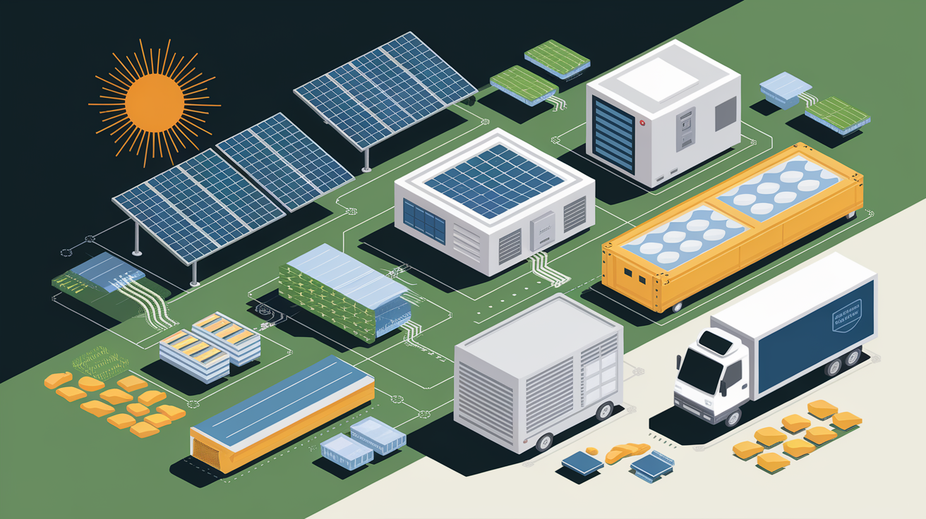 A conceptual illustration representing Key Components of Solar-Powered Cold Chain Systems. Visualize the main ideas: . Creative but clear representation of the concept. Style: Visual Theme: Clean, modern aesthetic with high contrast and vibrant energy. Emphasize the intersect. high quality, detailed, professional, clean composition, good lighting, sharp focus, well-composed. high quality, professional, detailed, well-composed