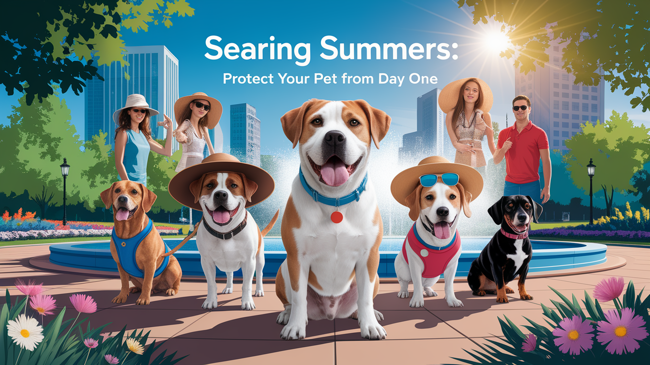 A conceptual illustration representing Searing Summers: Protect Your Pet from Day One. Visualize the main ideas: . Creative but clear representation of the concept. Style: photorealistic. high quality, detailed, professional, clean composition, good lighting, sharp focus, well-composed. high quality, professional, detailed, well-composed