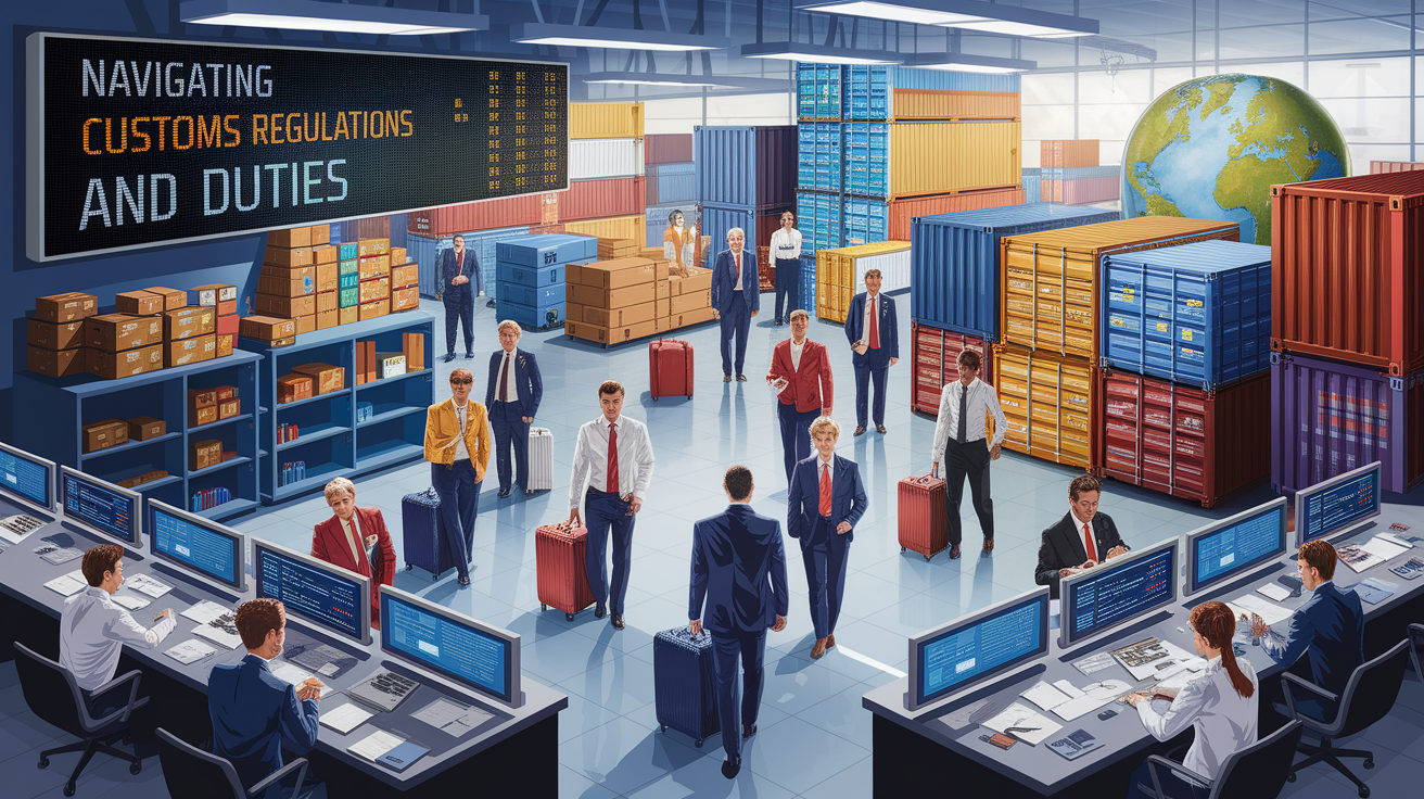 A conceptual illustration representing Navigating Customs Regulations and Duties. Visualize the main ideas: . Creative but clear representation of the concept. Style: photorealistic. high quality, detailed, professional, clean composition, good lighting, sharp focus, well-composed. high quality, professional, detailed, well-composed