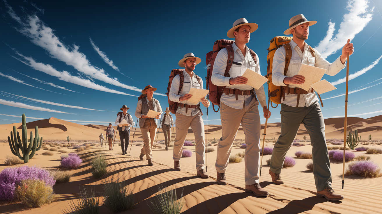 A conceptual illustration representing Navigating Desert Terrain Safely. Visualize the main ideas: . Creative but clear representation of the concept. Style: photorealistic. high quality, detailed, professional, clean composition, good lighting, sharp focus, well-composed. high quality, professional, detailed, well-composed