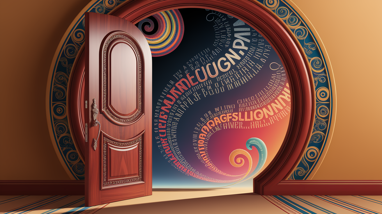 A conceptual illustration representing Opening the Door to Translanguaging. Visualize the main ideas: . Creative but clear representation of the concept. Style: photorealistic. high quality, detailed, professional, clean composition, good lighting, sharp focus, well-composed. high quality, professional, detailed, well-composed