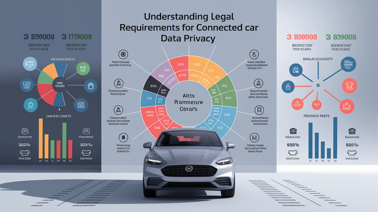 A clean, professional data visualization or infographic related to Understanding Legal Requirements for Connected Car Data Privacy. Include elements like charts, graphs, or statistical representations. Focus on . Style: photorealistic. high quality, detailed, professional, clean composition, good lighting, sharp focus, well-composed. high quality, professional, detailed, well-composed