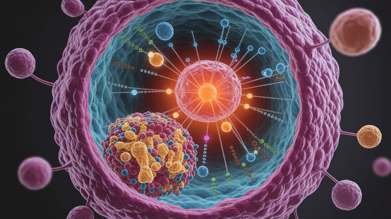 A conceptual illustration representing Inside the Cell: Key Chemical Degradation Processes. Visualize the main ideas: . Creative but clear representation of the concept. Style: photorealistic. high quality, detailed, professional, clean composition, good lighting, sharp focus, well-composed. high quality, professional, detailed, well-composed