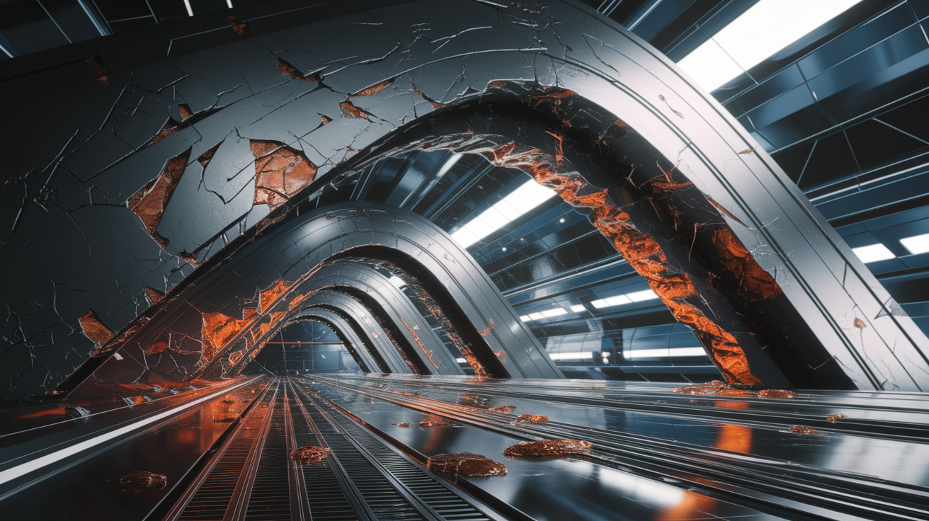 A conceptual illustration representing Material Fatigue: Physical Wear and Structural Changes. Visualize the main ideas: . Creative but clear representation of the concept. Style: photorealistic. high quality, detailed, professional, clean composition, good lighting, sharp focus, well-composed. high quality, professional, detailed, well-composed