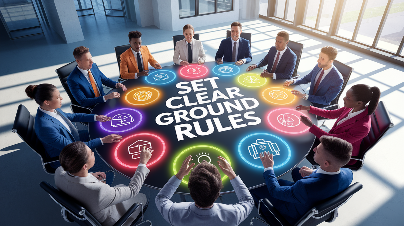 A conceptual illustration representing Set Clear Ground Rules. Visualize the main ideas: . Creative but clear representation of the concept. Style: photorealistic. high quality, detailed, professional, clean composition, good lighting, sharp focus, well-composed. high quality, professional, detailed, well-composed
