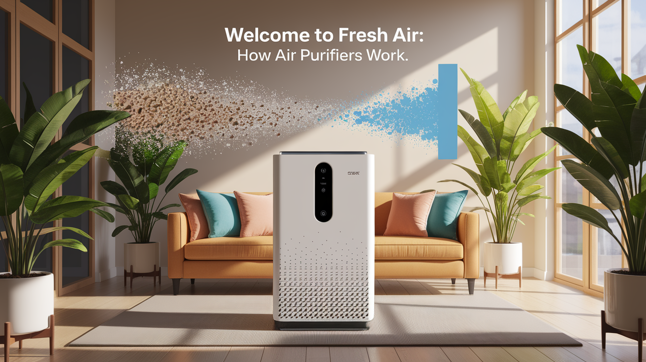 A conceptual illustration representing Welcome to Fresh Air: How Air Purifiers Work. Visualize the main ideas: . Creative but clear representation of the concept. Style: photorealistic. high quality, detailed, professional, clean composition, good lighting, sharp focus, well-composed. high quality, professional, detailed, well-composed