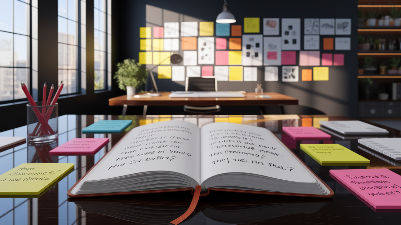 A conceptual illustration representing Design Thought-Provoking Questions. Visualize the main ideas: . Creative but clear representation of the concept. Style: photorealistic. high quality, detailed, professional, clean composition, good lighting, sharp focus, well-composed. high quality, professional, detailed, well-composed