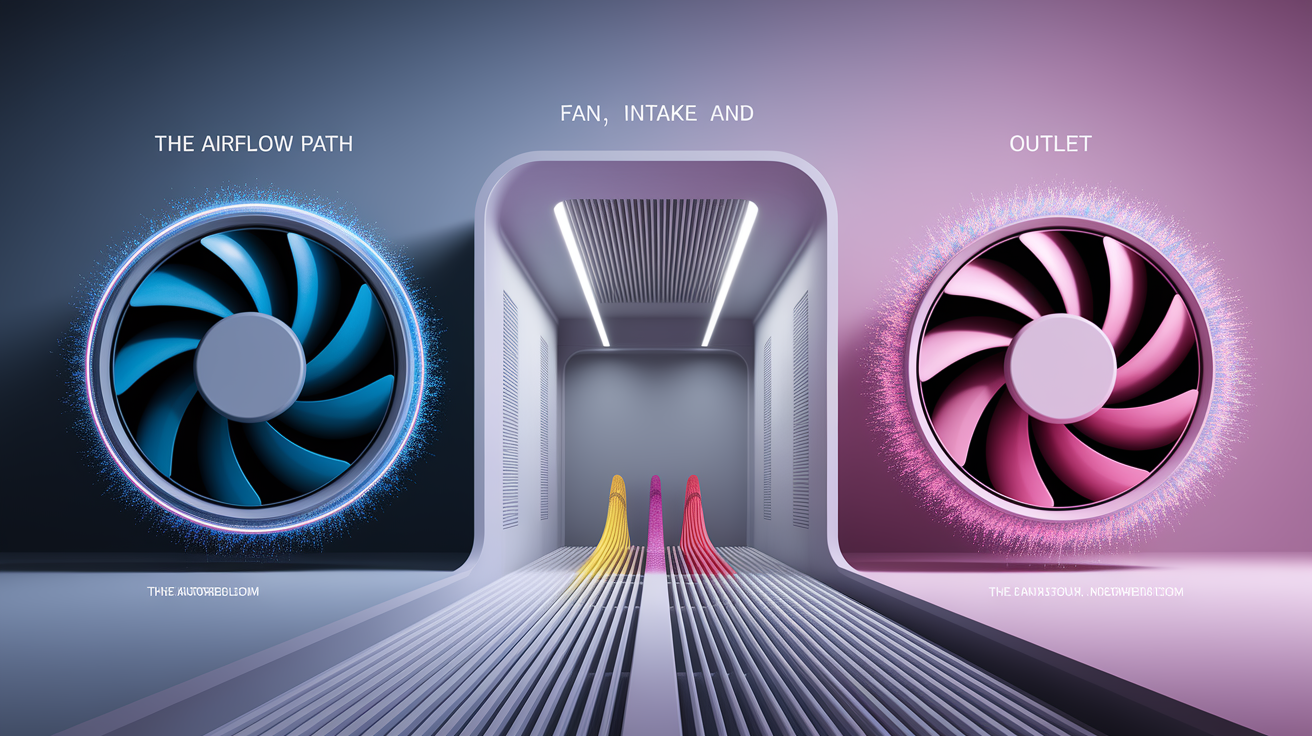 A conceptual illustration representing The Airflow Path: Fan, Intake, and Outlet. Visualize the main ideas: . Creative but clear representation of the concept. Style: photorealistic. high quality, detailed, professional, clean composition, good lighting, sharp focus, well-composed. high quality, professional, detailed, well-composed