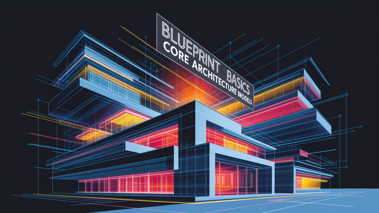 A conceptual illustration representing Blueprint Basics â Core Architecture Models. Visualize the main ideas: . Creative but clear representation of the concept. Style: Visual Theme: Clean, modern aesthetic with high contrast and vibrant energy. Emphasize the intersect. high quality, detailed, professional, clean composition, good lighting, sharp focus, well-composed. high quality, professional, detailed, well-composed