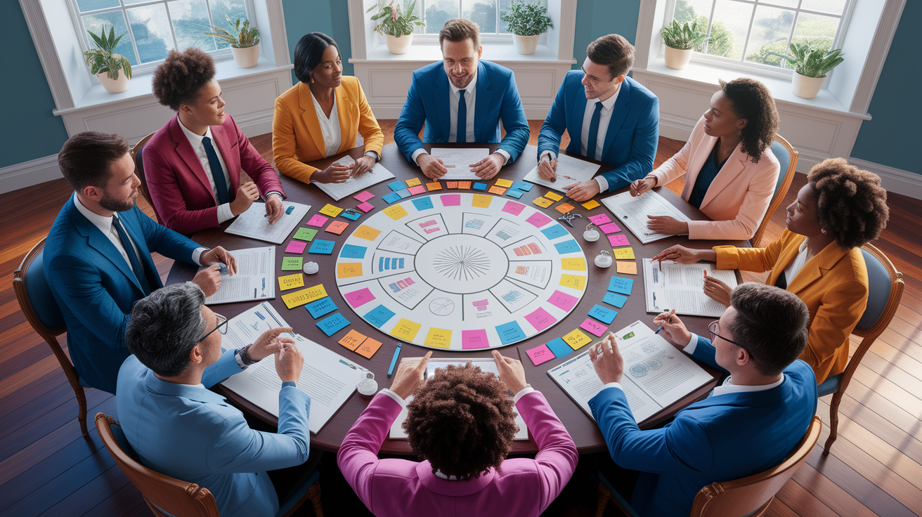 A conceptual illustration representing Facilitation Techniques in Action. Visualize the main ideas: . Creative but clear representation of the concept. Style: photorealistic. high quality, detailed, professional, clean composition, good lighting, sharp focus, well-composed. high quality, professional, detailed, well-composed