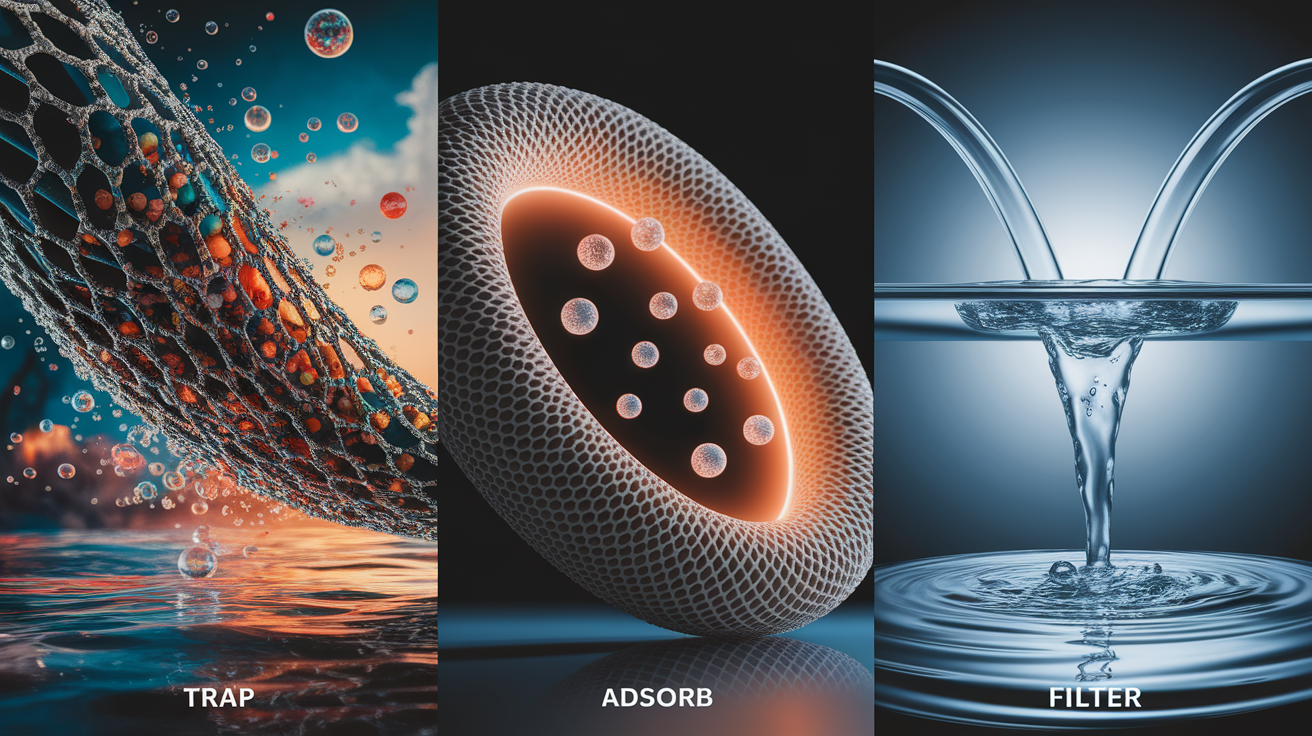 A conceptual illustration representing Stage 1 to 3: Trap, Adsorb, and Filter. Visualize the main ideas: . Creative but clear representation of the concept. Style: photorealistic. high quality, detailed, professional, clean composition, good lighting, sharp focus, well-composed. high quality, professional, detailed, well-composed