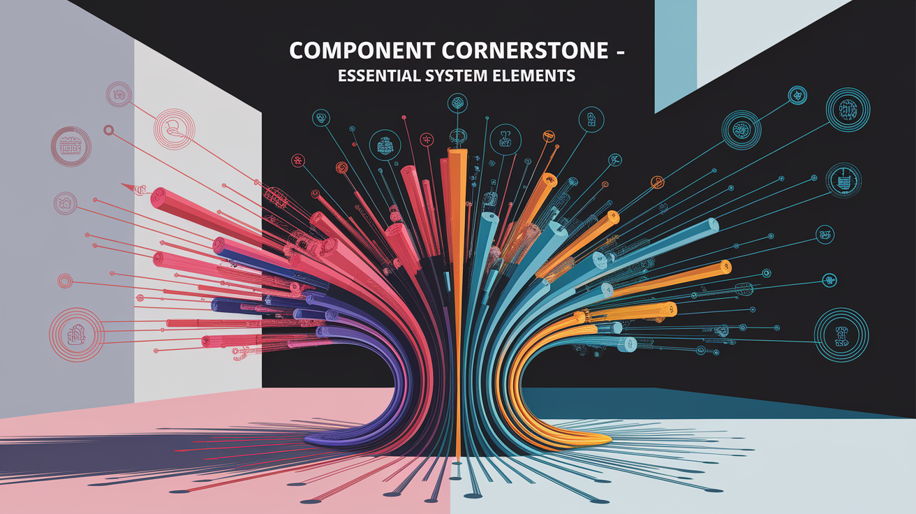 A conceptual illustration representing Component Cornerstone â Essential System Elements. Visualize the main ideas: . Creative but clear representation of the concept. Style: Visual Theme: Clean, modern aesthetic with high contrast and vibrant energy. Emphasize the intersect. high quality, detailed, professional, clean composition, good lighting, sharp focus, well-composed. high quality, professional, detailed, well-composed