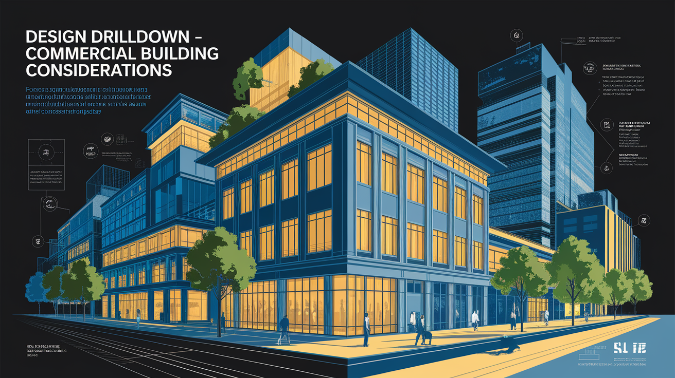 A conceptual illustration representing Design Drilldown â Commercial Building Considerations. Visualize the main ideas: . Creative but clear representation of the concept. Style: Visual Theme: Clean, modern aesthetic with high contrast and vibrant energy. Emphasize the intersect. high quality, detailed, professional, clean composition, good lighting, sharp focus, well-composed. high quality, professional, detailed, well-composed