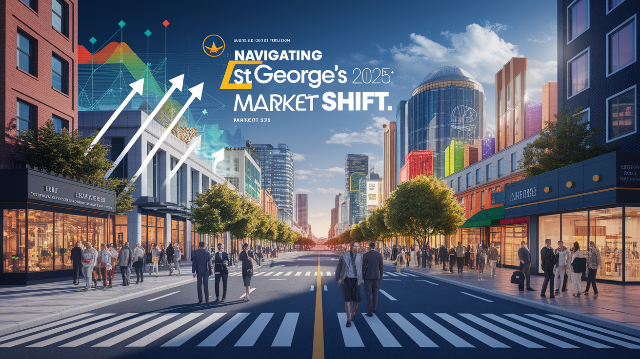 A conceptual illustration representing Navigating St. George&acirc;€™s 2025 Market Shift. Visualize the main ideas: . Creative but clear representation of the concept. Style: photorealistic. high quality, detailed, professional, clean composition, good lighting, sharp focus, well-composed. high quality, professional, detailed, well-composed