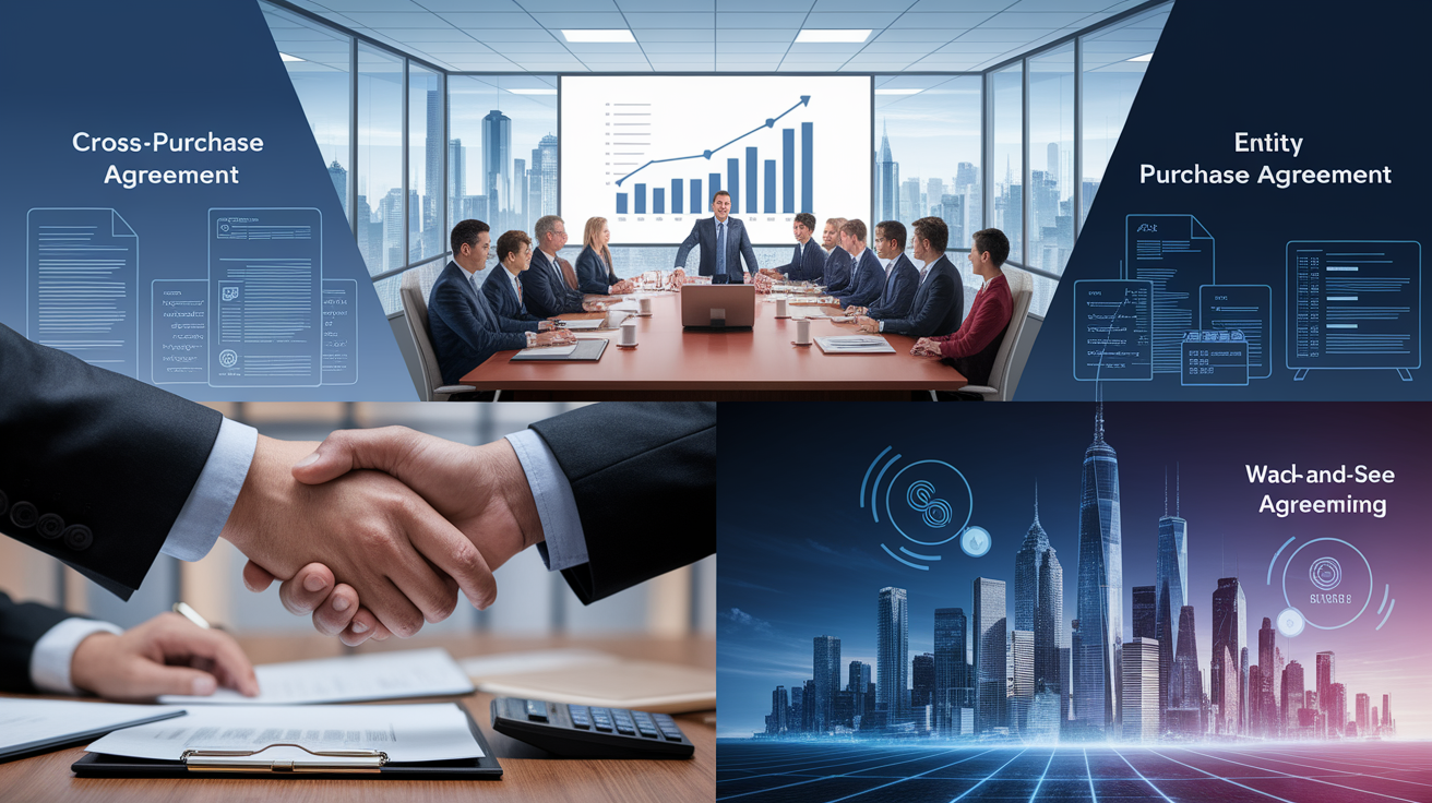 A conceptual illustration representing Types of Buy-Sell Agreements. Visualize the main ideas: . Creative but clear representation of the concept. Style: photorealistic. high quality, detailed, professional, clean composition, good lighting, sharp focus, well-composed. high quality, professional, detailed, well-composed