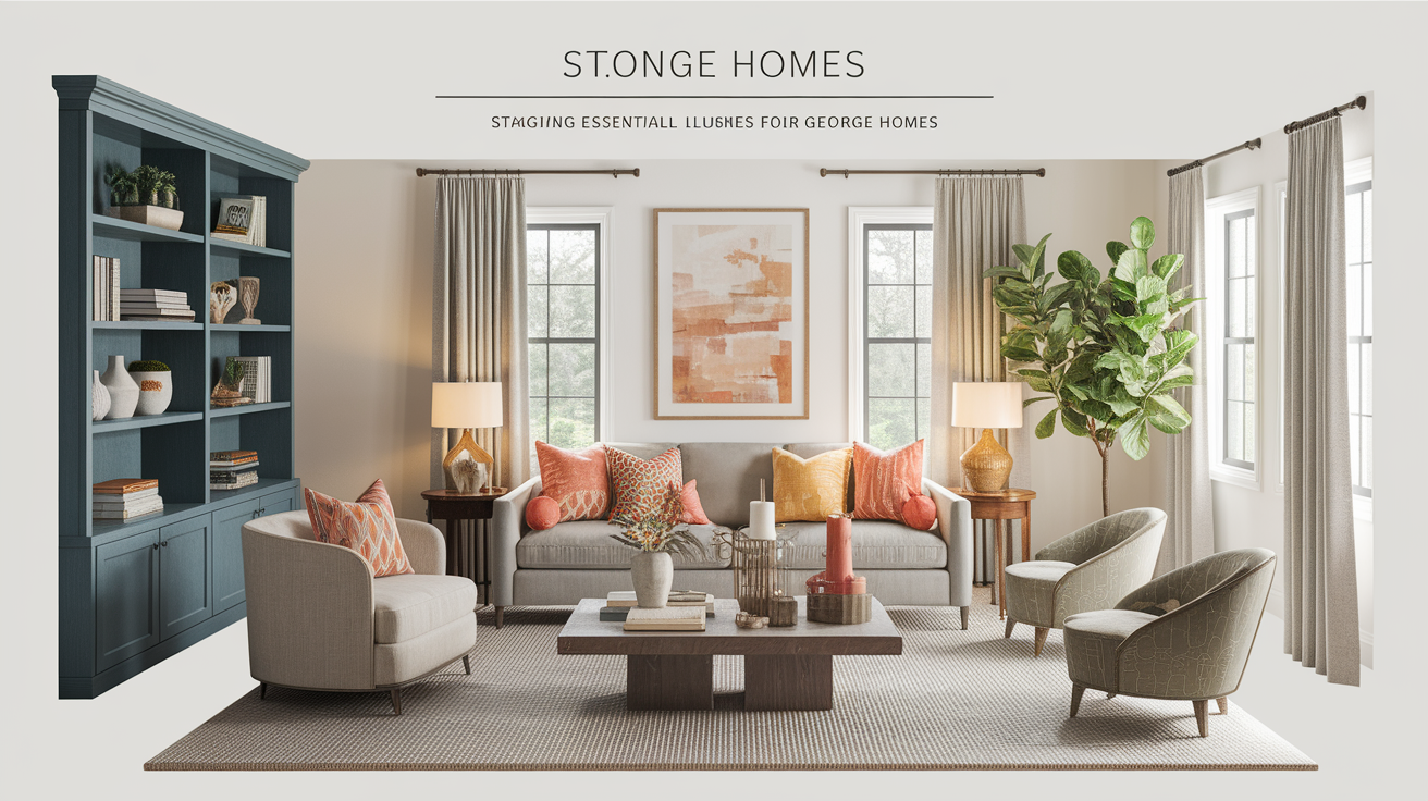 A conceptual illustration representing Staging Essentials for St. George Homes. Visualize the main ideas: . Creative but clear representation of the concept. Style: photorealistic. high quality, detailed, professional, clean composition, good lighting, sharp focus, well-composed. high quality, professional, detailed, well-composed