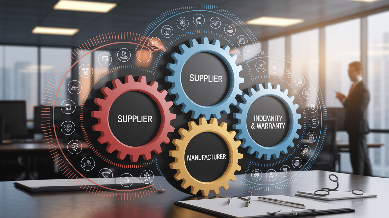 A conceptual illustration representing Identifying core components in supplier-manufacturer-indemnity-and-warranty-clauses. Visualize the main ideas: . Creative but clear representation of the concept. Style: photorealistic. high quality, detailed, professional, clean composition, good lighting, sharp focus, well-composed. high quality, professional, detailed, well-composed