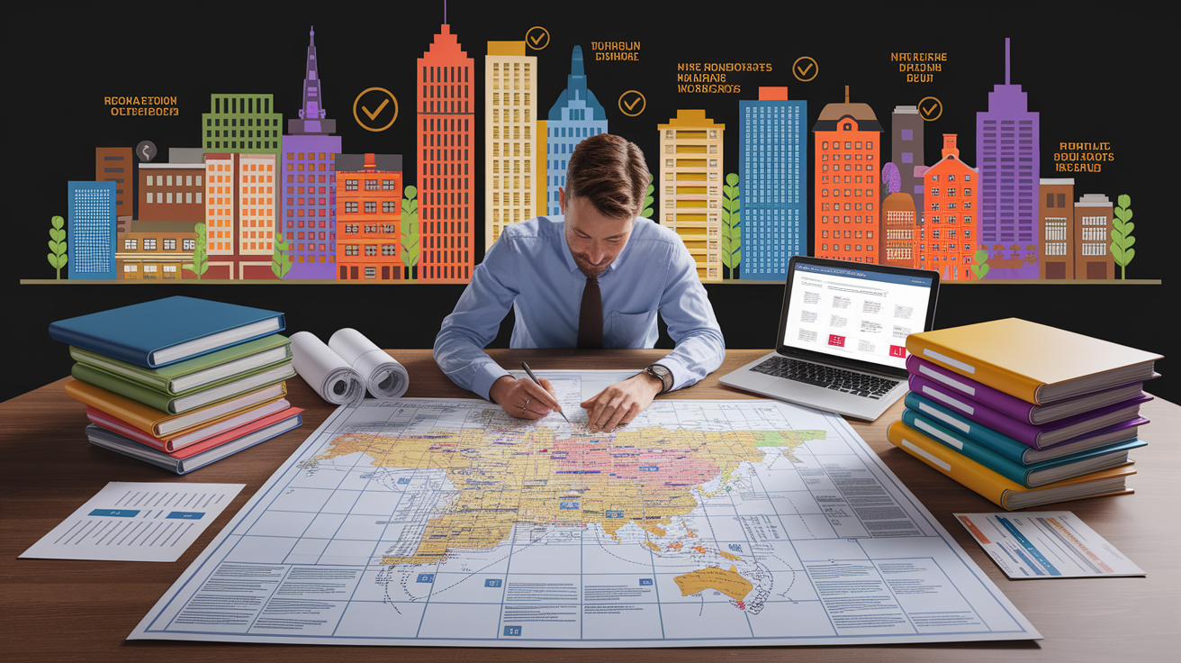 A conceptual illustration representing Navigating Local Regulations and Permits. Visualize the main ideas: . Creative but clear representation of the concept. Style: photorealistic. high quality, detailed, professional, clean composition, good lighting, sharp focus, well-composed. high quality, professional, detailed, well-composed