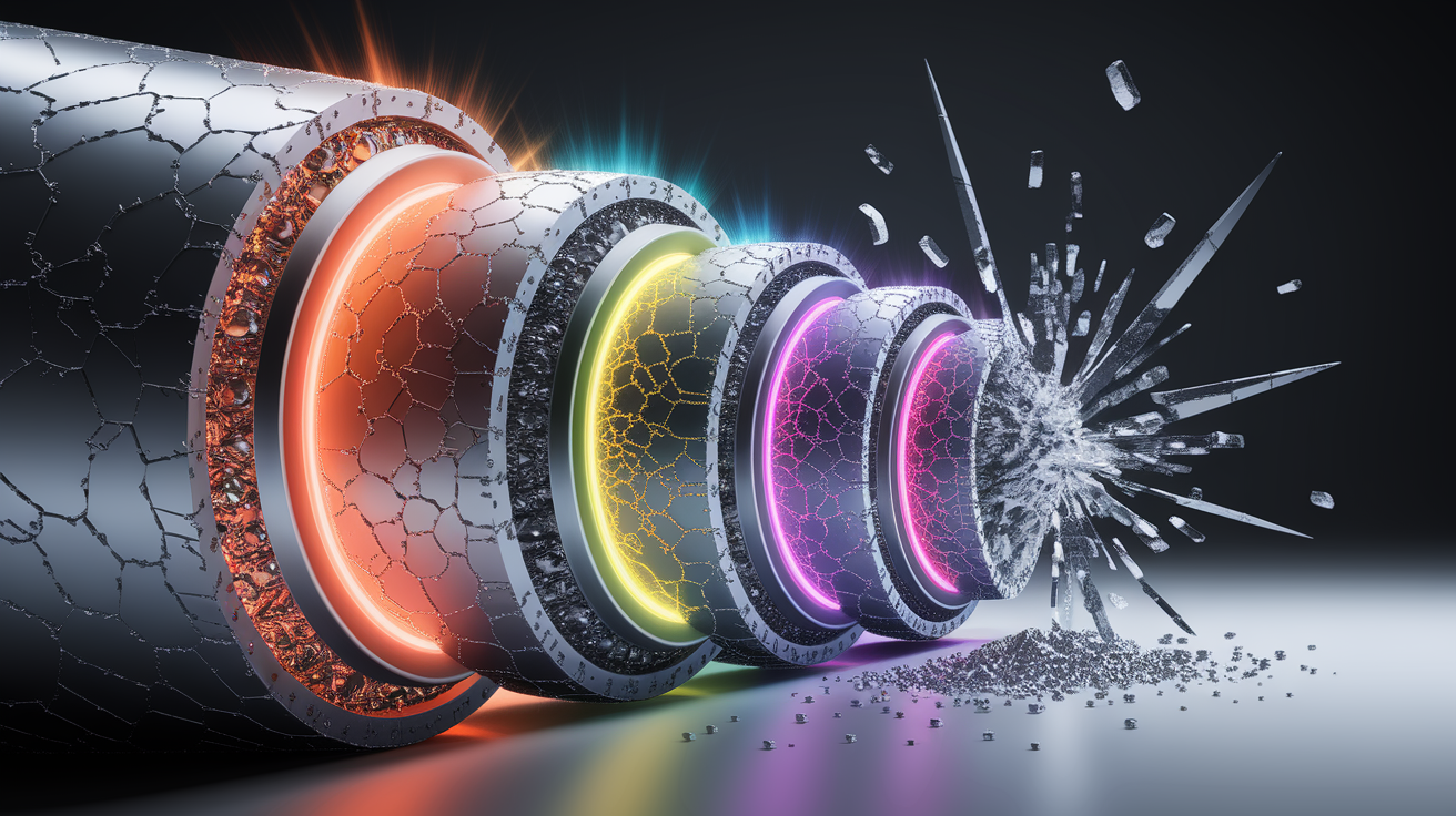 A conceptual illustration representing The Fatigue Lifecycle: From Microscopic Cracks to Fracture. Visualize the main ideas: . Creative but clear representation of the concept. Style: photorealistic. high quality, detailed, professional, clean composition, good lighting, sharp focus, well-composed. high quality, professional, detailed, well-composed