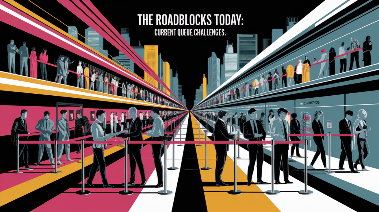 A conceptual illustration representing The Roadblocks Today: Current Queue Challenges. Visualize the main ideas: . Creative but clear representation of the concept. Style: Visual Theme: Clean, modern aesthetic with high contrast and vibrant energy. Emphasize the intersect. high quality, detailed, professional, clean composition, good lighting, sharp focus, well-composed. high quality, professional, detailed, well-composed