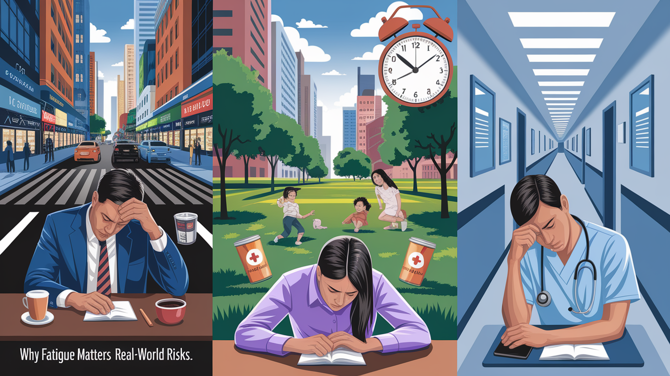 A conceptual illustration representing Why Fatigue Matters: Real-World Risks. Visualize the main ideas: . Creative but clear representation of the concept. Style: photorealistic. high quality, detailed, professional, clean composition, good lighting, sharp focus, well-composed. high quality, professional, detailed, well-composed
