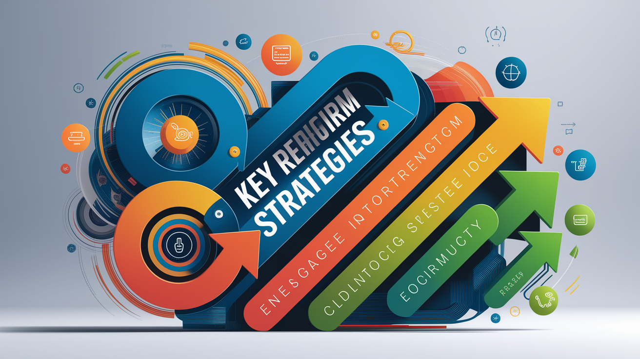 A conceptual illustration representing Key Reform Strategies. Visualize the main ideas: . Creative but clear representation of the concept. Style: Visual Theme: Clean, modern aesthetic with high contrast and vibrant energy. Emphasize the intersect. high quality, detailed, professional, clean composition, good lighting, sharp focus, well-composed. high quality, professional, detailed, well-composed