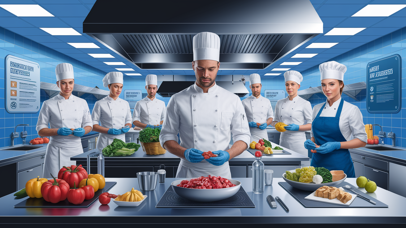 A conceptual illustration representing Food Safety and Compliance. Visualize the main ideas: . Creative but clear representation of the concept. Style: photorealistic. high quality, detailed, professional, clean composition, good lighting, sharp focus, well-composed. high quality, professional, detailed, well-composed