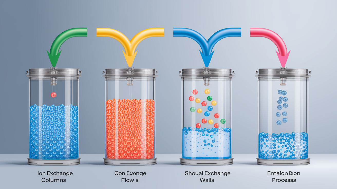 A clear, step-by-step visual illustration showing Inside the Ion Exchange Process. Focus on . Include visual elements like arrows, numbered steps, or sequential flow. Professional and instructional style. Style: photorealistic. high quality, detailed, professional, clean composition, good lighting, sharp focus, well-composed. high quality, professional, detailed, well-composed