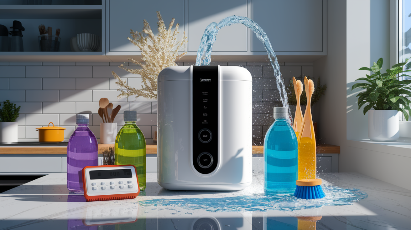 A conceptual illustration representing Basic Maintenance Tips for Consistent Soft Water. Visualize the main ideas: . Creative but clear representation of the concept. Style: photorealistic. high quality, detailed, professional, clean composition, good lighting, sharp focus, well-composed. high quality, professional, detailed, well-composed