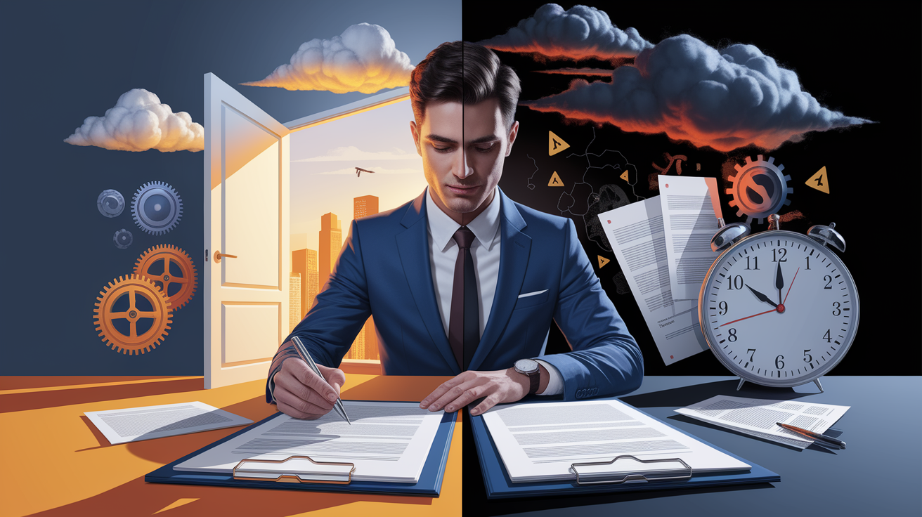 A conceptual illustration representing Understanding Termination-for-Convenience Clauses and Associated Risks. Visualize the main ideas: . Creative but clear representation of the concept. Style: photorealistic. high quality, detailed, professional, clean composition, good lighting, sharp focus, well-composed. high quality, professional, detailed, well-composed