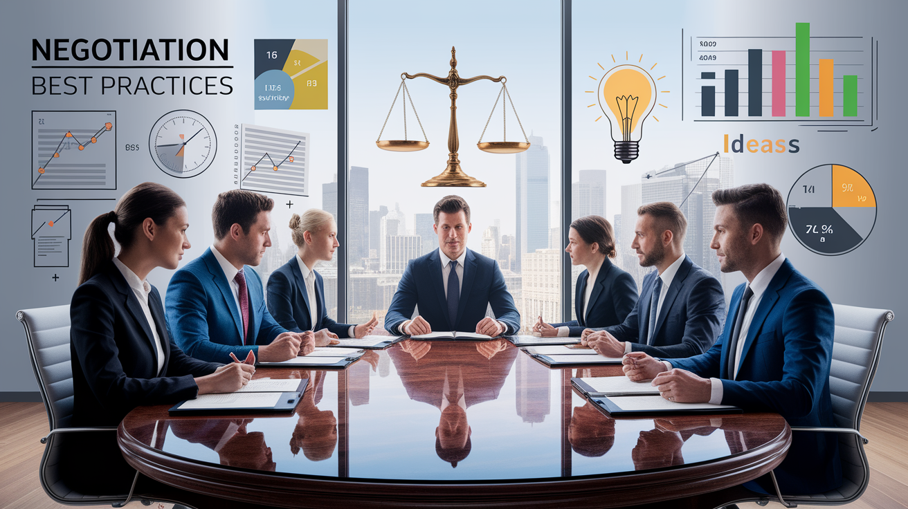A conceptual illustration representing Negotiation Best Practices for Balanced Contracts. Visualize the main ideas: . Creative but clear representation of the concept. Style: photorealistic. high quality, detailed, professional, clean composition, good lighting, sharp focus, well-composed. high quality, professional, detailed, well-composed