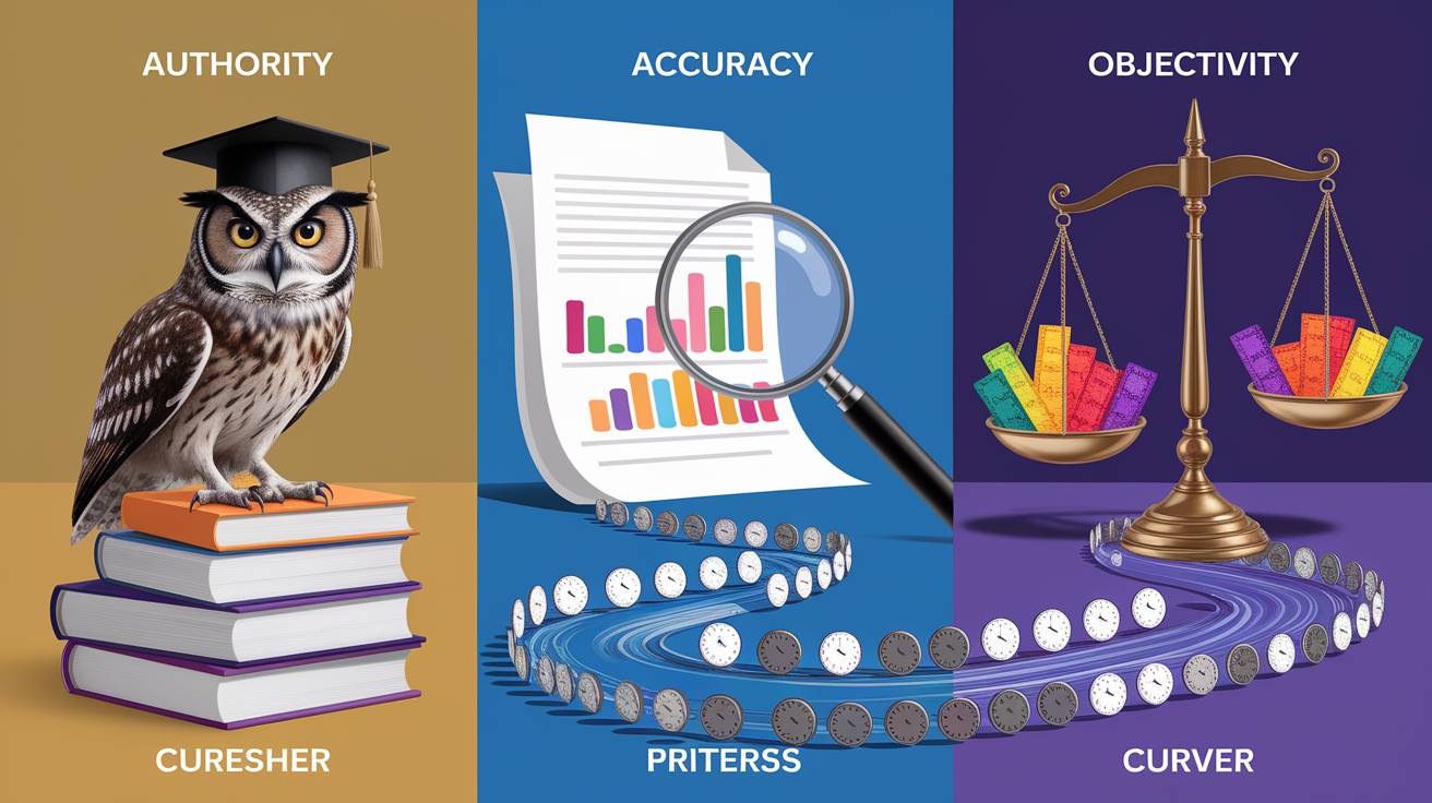 A conceptual illustration representing The 5 Core Criteria for Credible Web Sources. Visualize the main ideas: . Creative but clear representation of the concept. Style: photorealistic. high quality, detailed, professional, clean composition, good lighting, sharp focus, well-composed. high quality, professional, detailed, well-composed