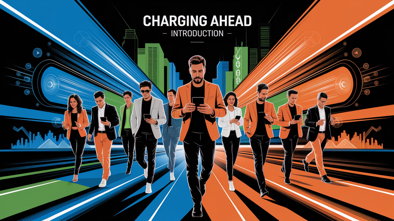 A conceptual illustration representing Charging Ahead â Introduction. Visualize the main ideas: . Creative but clear representation of the concept. Style: Visual Theme: Clean, modern aesthetic with high contrast and vibrant energy. Emphasize the intersect. high quality, detailed, professional, clean composition, good lighting, sharp focus, well-composed. high quality, professional, detailed, well-composed