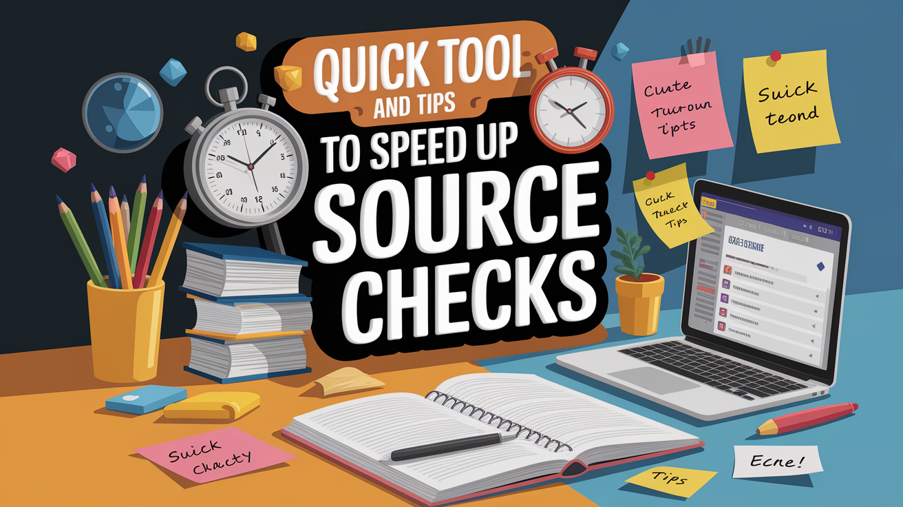 A conceptual illustration representing Quick Tools and Tips to Speed Up Source Checks. Visualize the main ideas: . Creative but clear representation of the concept. Style: photorealistic. high quality, detailed, professional, clean composition, good lighting, sharp focus, well-composed. high quality, professional, detailed, well-composed