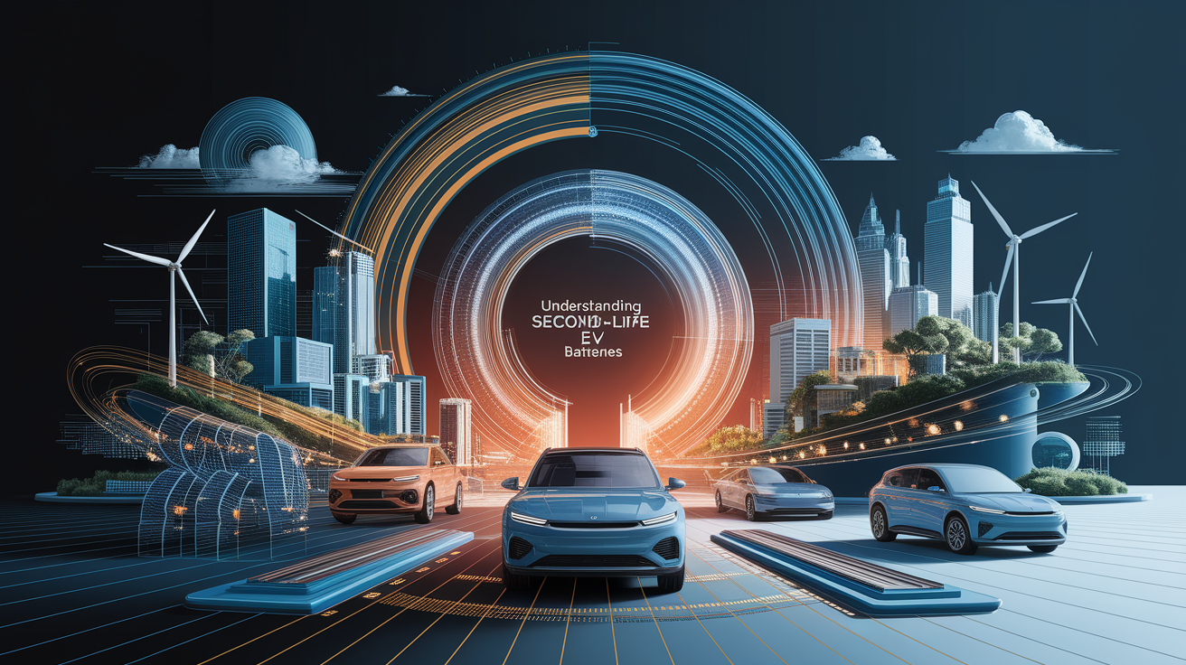 A conceptual illustration representing Understanding Second-Life EV Batteries. Visualize the main ideas: . Creative but clear representation of the concept. Style: Visual Theme: Clean, modern aesthetic with high contrast and vibrant energy. Emphasize the intersect. high quality, detailed, professional, clean composition, good lighting, sharp focus, well-composed. high quality, professional, detailed, well-composed