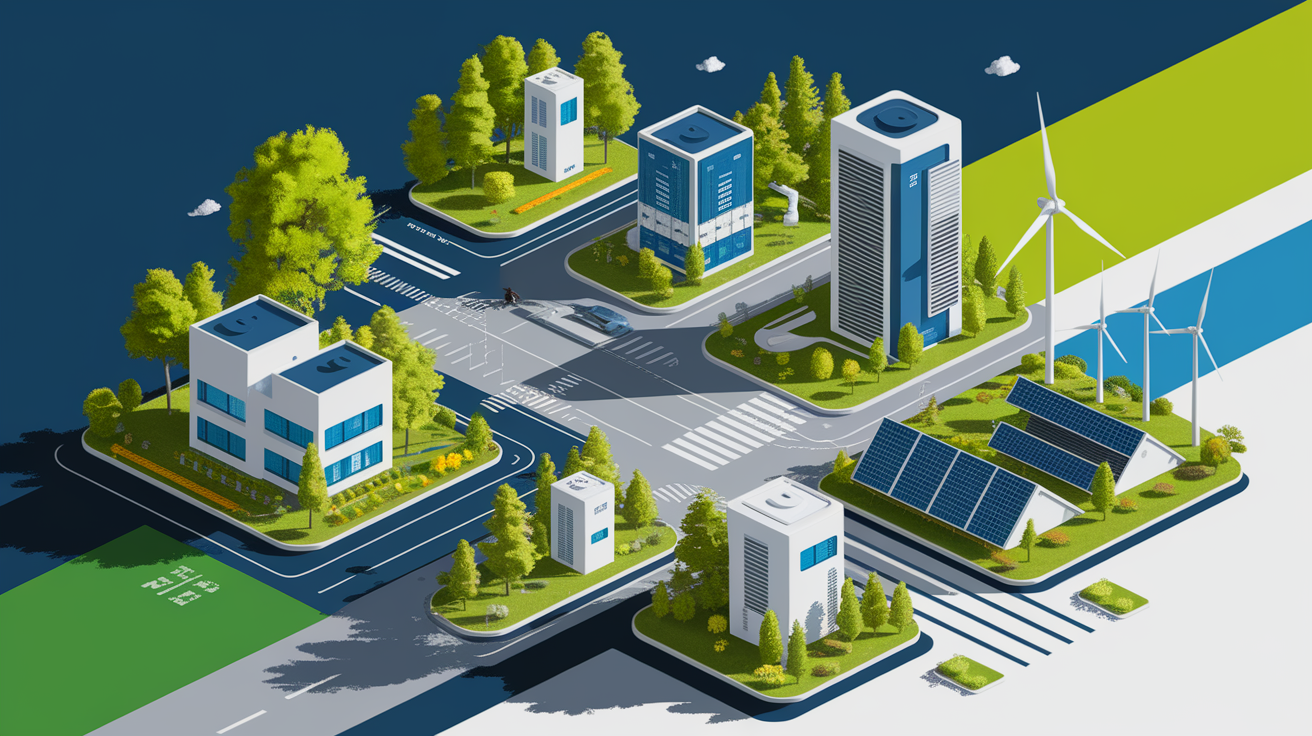 A conceptual illustration representing Benefits of Stationary Storage with Second-Life Batteries. Visualize the main ideas: . Creative but clear representation of the concept. Style: Visual Theme: Clean, modern aesthetic with high contrast and vibrant energy. Emphasize the intersect. high quality, detailed, professional, clean composition, good lighting, sharp focus, well-composed. high quality, professional, detailed, well-composed