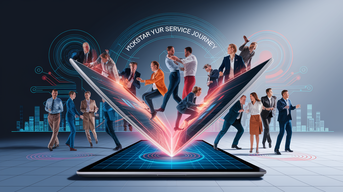 A conceptual illustration representing Kickstart Your Service Journey. Visualize the main ideas: . Creative but clear representation of the concept. Style: photorealistic. high quality, detailed, professional, clean composition, good lighting, sharp focus, well-composed. high quality, professional, detailed, well-composed