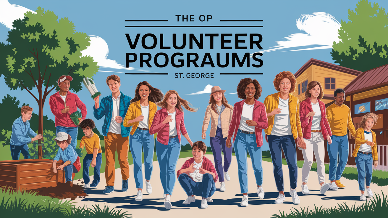 A conceptual illustration representing Top Teen Volunteer Programs in St. George. Visualize the main ideas: . Creative but clear representation of the concept. Style: photorealistic. high quality, detailed, professional, clean composition, good lighting, sharp focus, well-composed. high quality, professional, detailed, well-composed