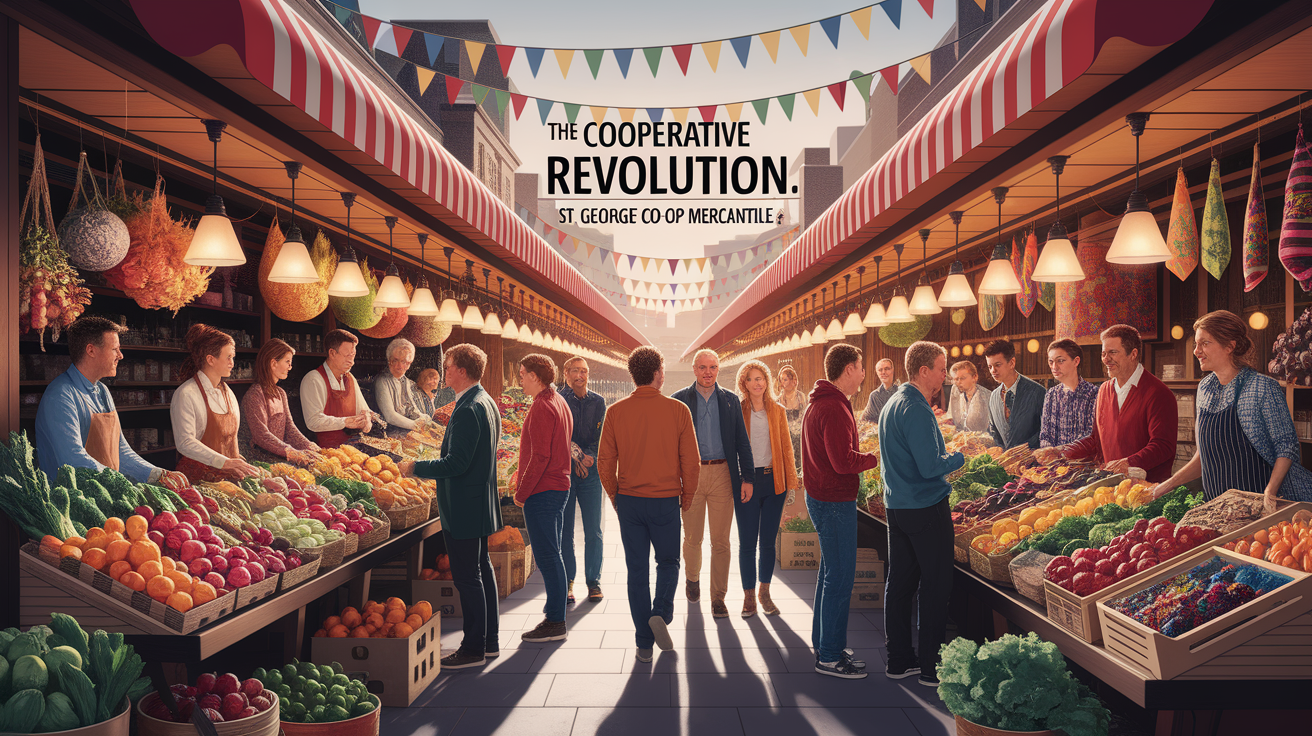 A conceptual illustration representing The Cooperative Revolution: St. George Co-op Mercantile. Visualize the main ideas: . Creative but clear representation of the concept. Style: photorealistic. high quality, detailed, professional, clean composition, good lighting, sharp focus, well-composed. high quality, professional, detailed, well-composed