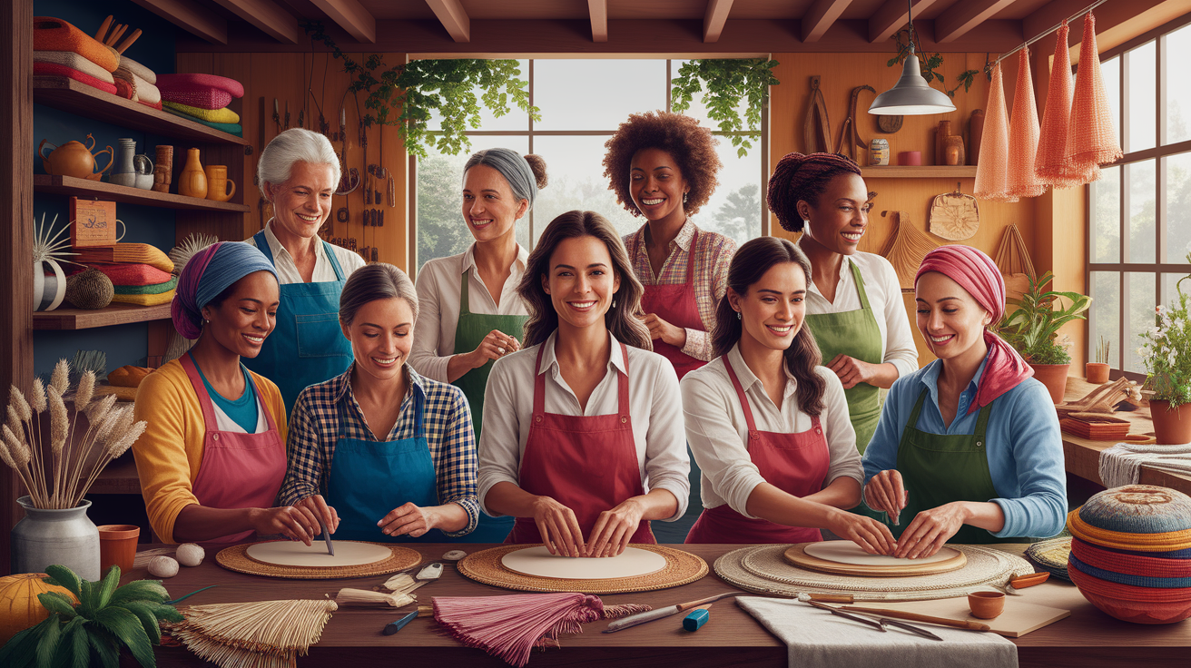 A conceptual illustration representing Women at the Helm: The Sisters’ Co-op Story. Visualize the main ideas: . Creative but clear representation of the concept. Style: photorealistic. high quality, detailed, professional, clean composition, good lighting, sharp focus, well-composed. high quality, professional, detailed, well-composed