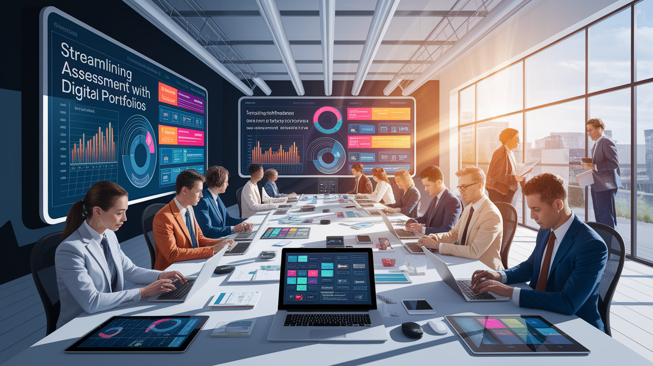 A conceptual illustration representing Streamlining Assessment with Digital Portfolios. Visualize the main ideas: . Creative but clear representation of the concept. Style: photorealistic. high quality, detailed, professional, clean composition, good lighting, sharp focus, well-composed. high quality, professional, detailed, well-composed