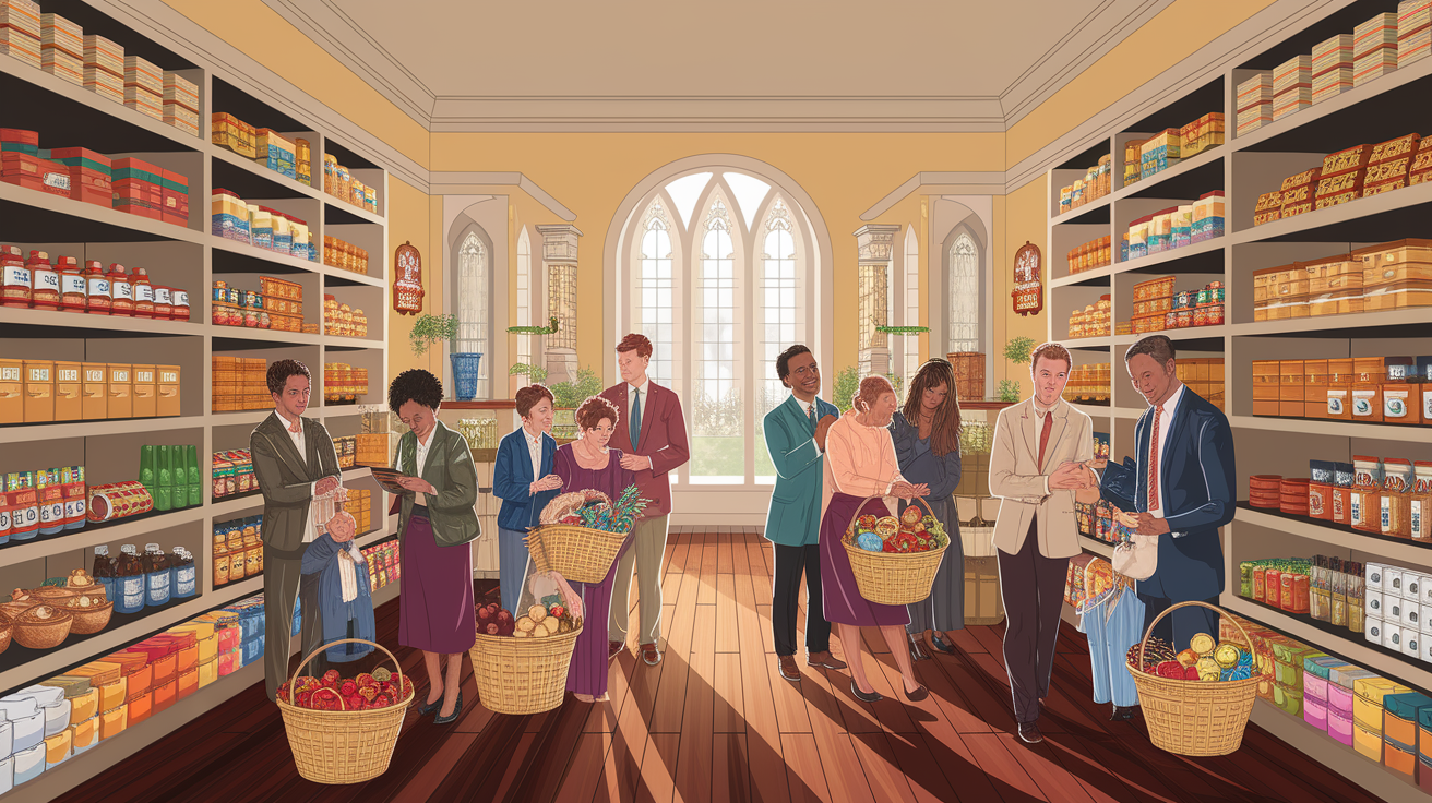 A conceptual illustration representing Faith and Commerce: Inside the Bishop’s Storehouse. Visualize the main ideas: . Creative but clear representation of the concept. Style: photorealistic. high quality, detailed, professional, clean composition, good lighting, sharp focus, well-composed. high quality, professional, detailed, well-composed