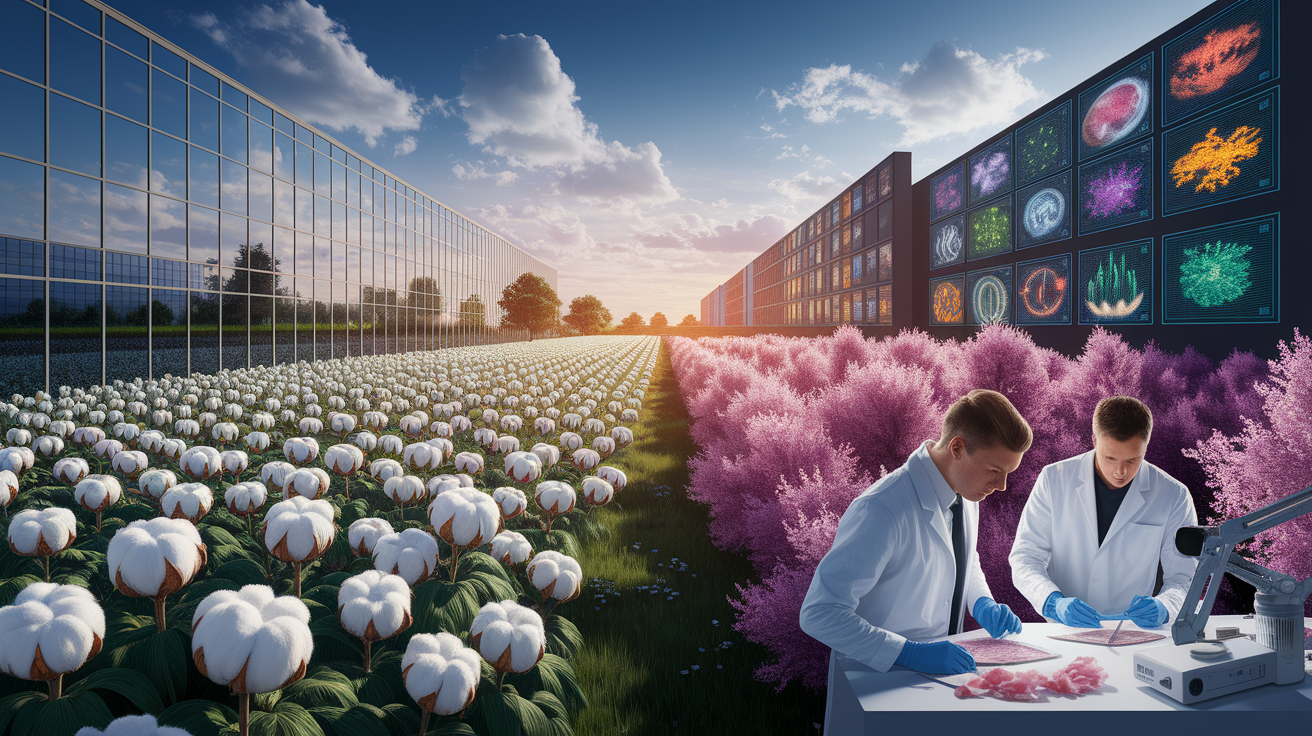 A conceptual illustration representing Agricultural Experiments: Cotton, Silk, and Beyond. Visualize the main ideas: . Creative but clear representation of the concept. Style: photorealistic. high quality, detailed, professional, clean composition, good lighting, sharp focus, well-composed. high quality, professional, detailed, well-composed