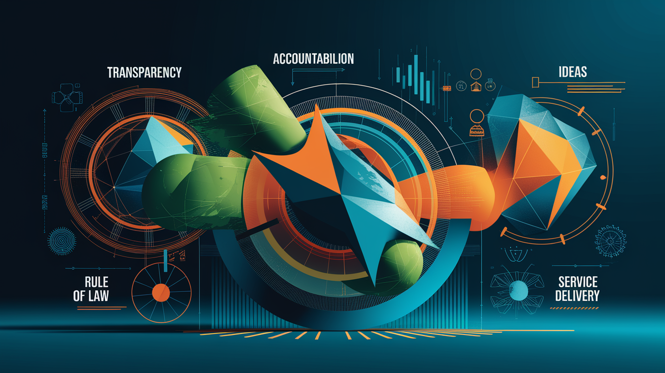 A conceptual illustration representing Essential Components of Effective Governance. Visualize the main ideas: . Creative but clear representation of the concept. Style: Visual Theme: Clean, modern aesthetic with high contrast and vibrant energy. Emphasize the intersect. high quality, detailed, professional, clean composition, good lighting, sharp focus, well-composed. high quality, professional, detailed, well-composed