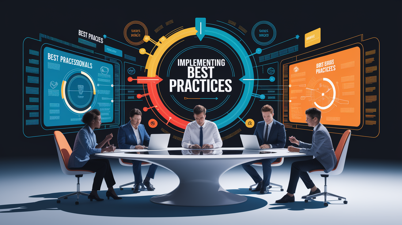 A conceptual illustration representing Implementing Best Practices. Visualize the main ideas: . Creative but clear representation of the concept. Style: Visual Theme: Clean, modern aesthetic with high contrast and vibrant energy. Emphasize the intersect. high quality, detailed, professional, clean composition, good lighting, sharp focus, well-composed. high quality, professional, detailed, well-composed