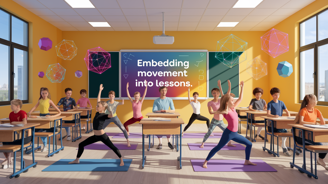 A conceptual illustration representing Embedding Movement into Lessons. Visualize the main ideas: . Creative but clear representation of the concept. Style: photorealistic. high quality, detailed, professional, clean composition, good lighting, sharp focus, well-composed. high quality, professional, detailed, well-composed